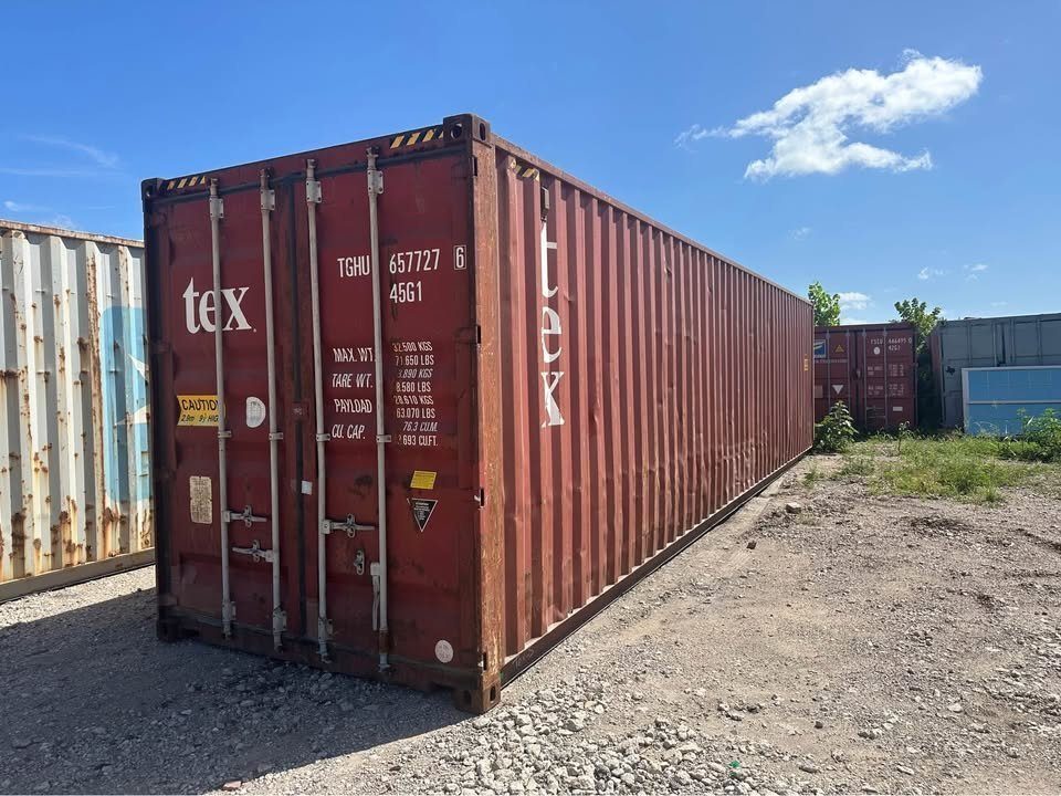 40ft High Cube Shipping Container – Used, Double Rear Doors – three-quarter exterior view of weathered container with cargo doors closed
