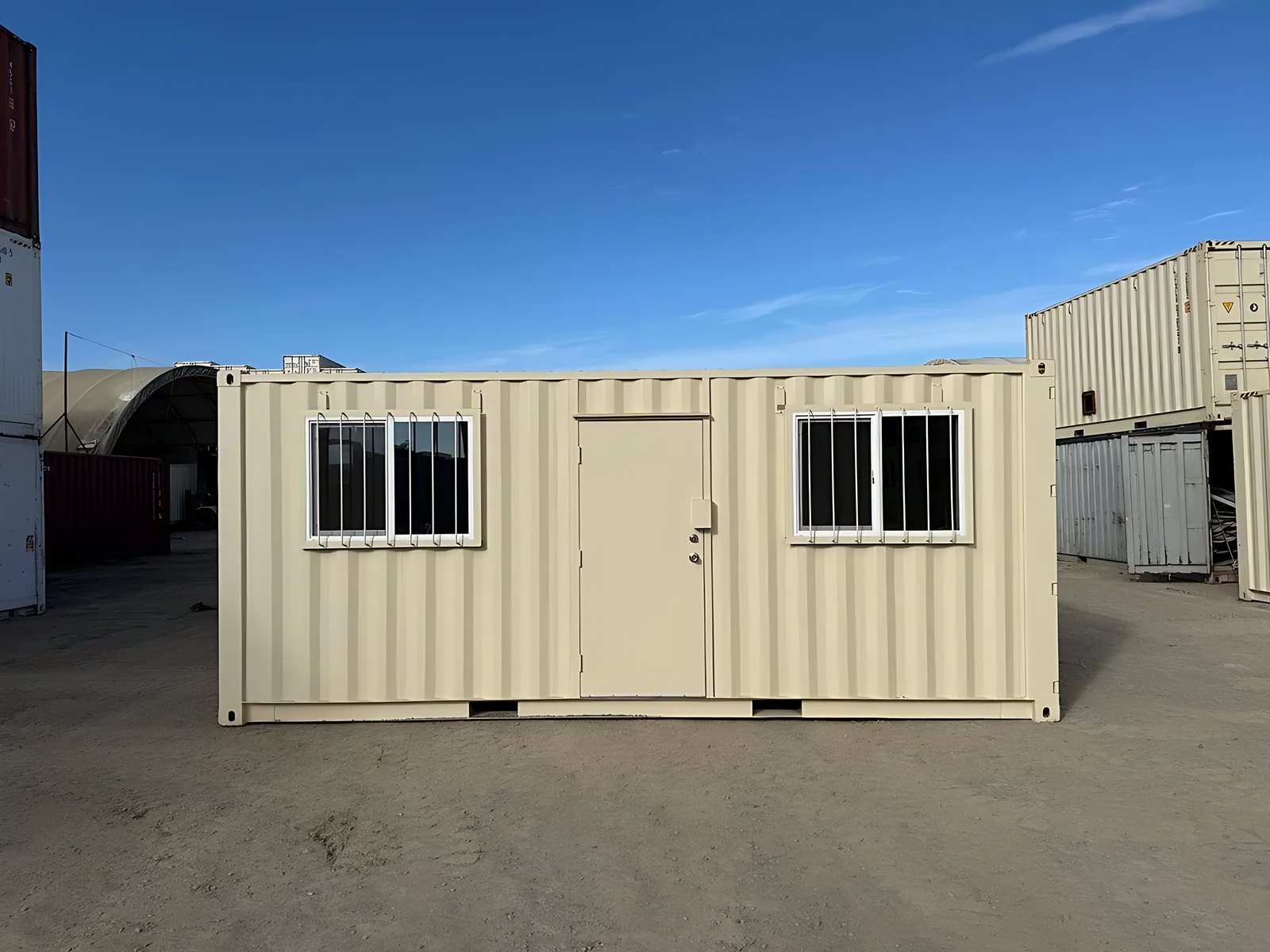 20ft Ground-Level Office Container – Insulated Workspace – front exterior of office container with door and barred windows