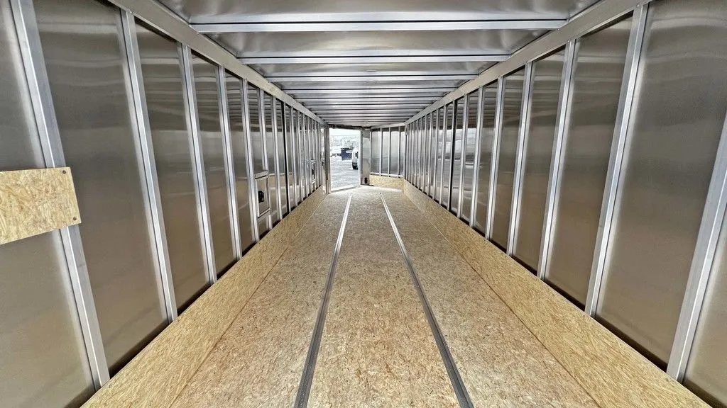 2024 E-Z Hauler 24 ft Trailer – Rear Canopy – View from the front looking towards the open rear door of the trailer