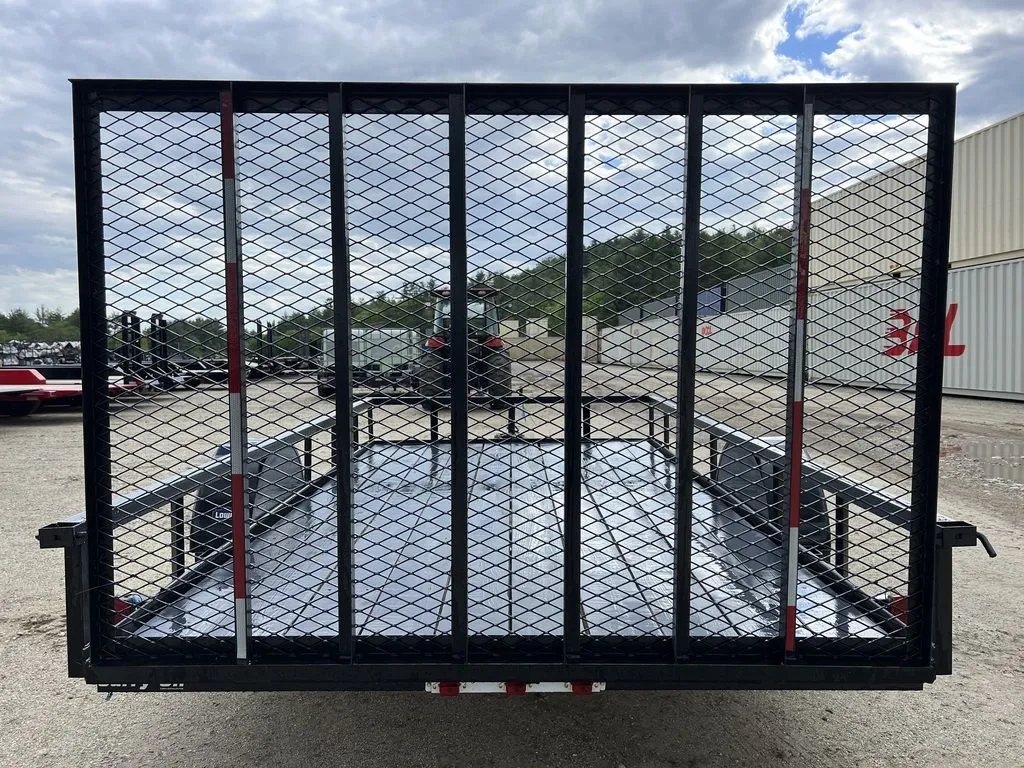 2024 Carry-On 12 ft Utility Trailer – Rear Ramp Gate – Direct rear view of the closed black mesh ramp gate