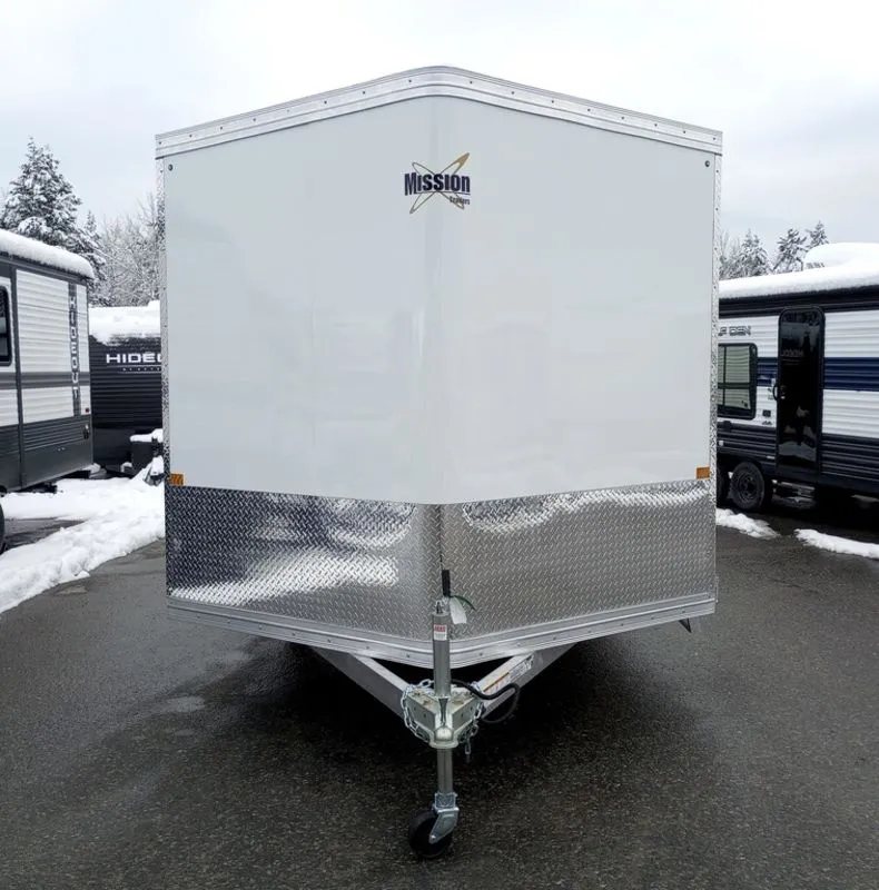 2024 Mission Trailers 12 ft Powersports – Side X Side – Straight on front view of the trailer showing the V-nose design and jack