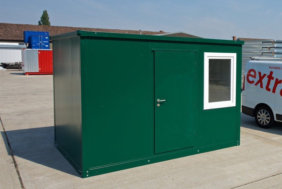 Flat Pack Office – Insulated Panels, Pre-Wired Electrical – three-quarter exterior of compact office with door and window