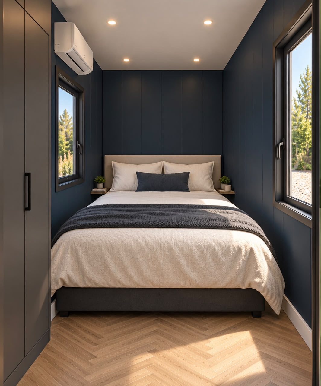 40ft Charcoal Haven Container Home – 1 Bedroom, Galley Kitchen – Rear bedroom with paired side windows and tall storage