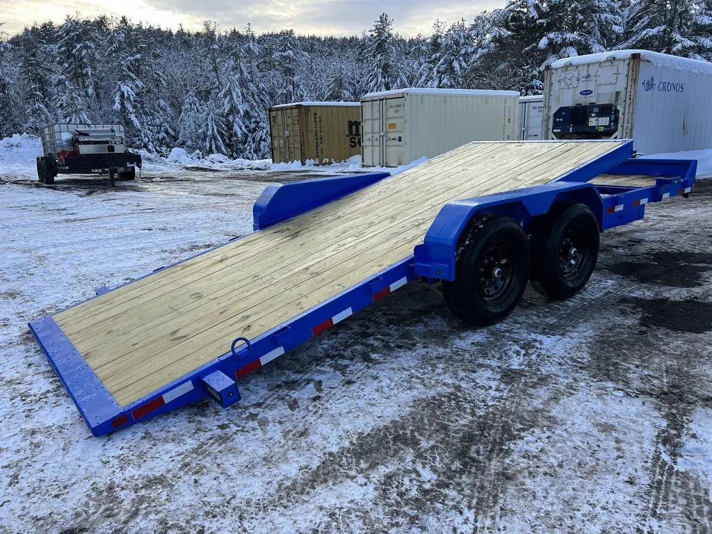 2024 Rice Trailers 20 ft Tilt Trailer – Spare Mount – Wide rear angle of the blue trailer with the tilt deck fully lowered