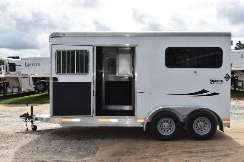 2016 Shadow 2 Horse Trailer – Aluminum, Dressing Room – Left side exterior of the trailer with one door open showing the interior