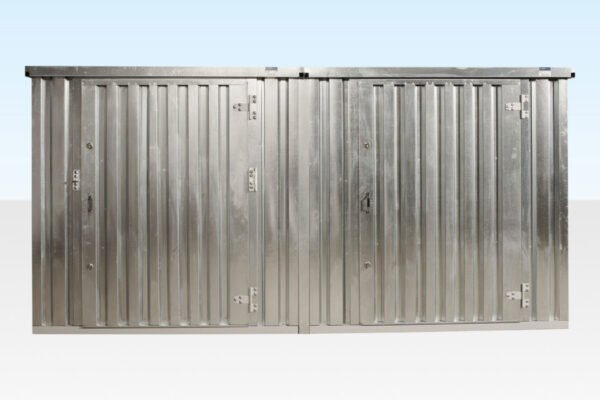 3 m (9.8 ft) Side-Linked Flat-Pack Bundle – Galvanized – Full front view of two linked galvanised containers with doors closed