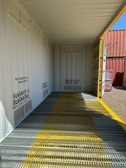 20ft Dangerous Goods Container – Bunded Floor and Ventilation – empty container interior with grated floor and wall vents