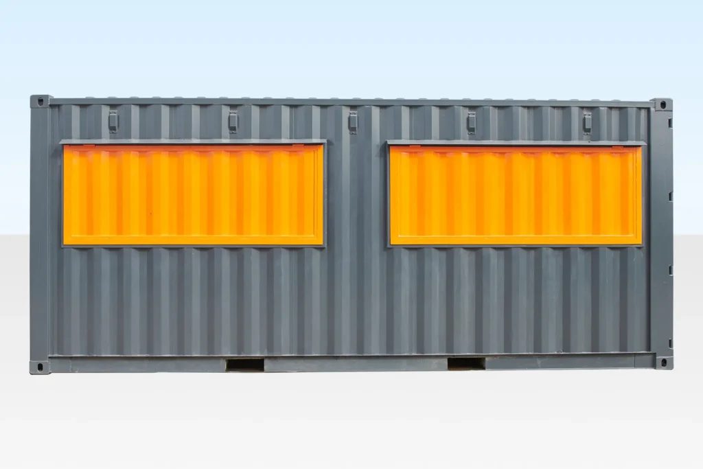 20ft Custom Container Café – Configurable Food Service Layout – grey container café exterior with two closed yellow serving shutters