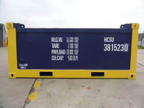 10ft Half-Height Offshore Container – Open Top, Single Swing Door – straight-on exterior of half-height container with yellow frame
