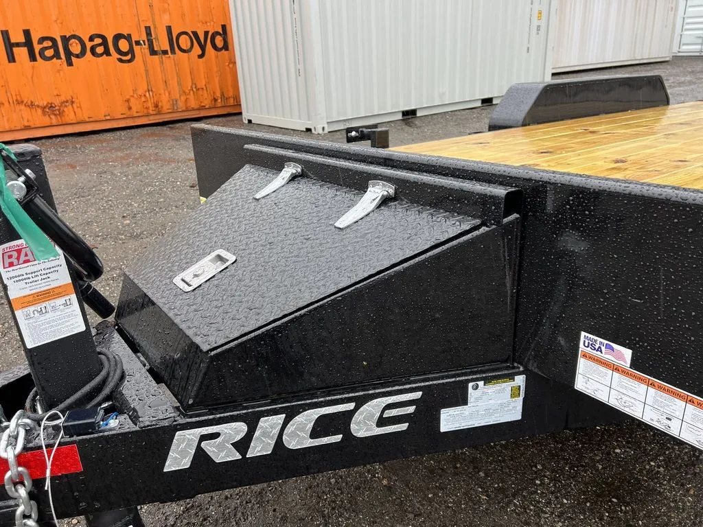 2024 Rice Trailers 16 ft Equipment Trailer – Toolbox – Closed black metal diamond plate toolbox on the front of the trailer