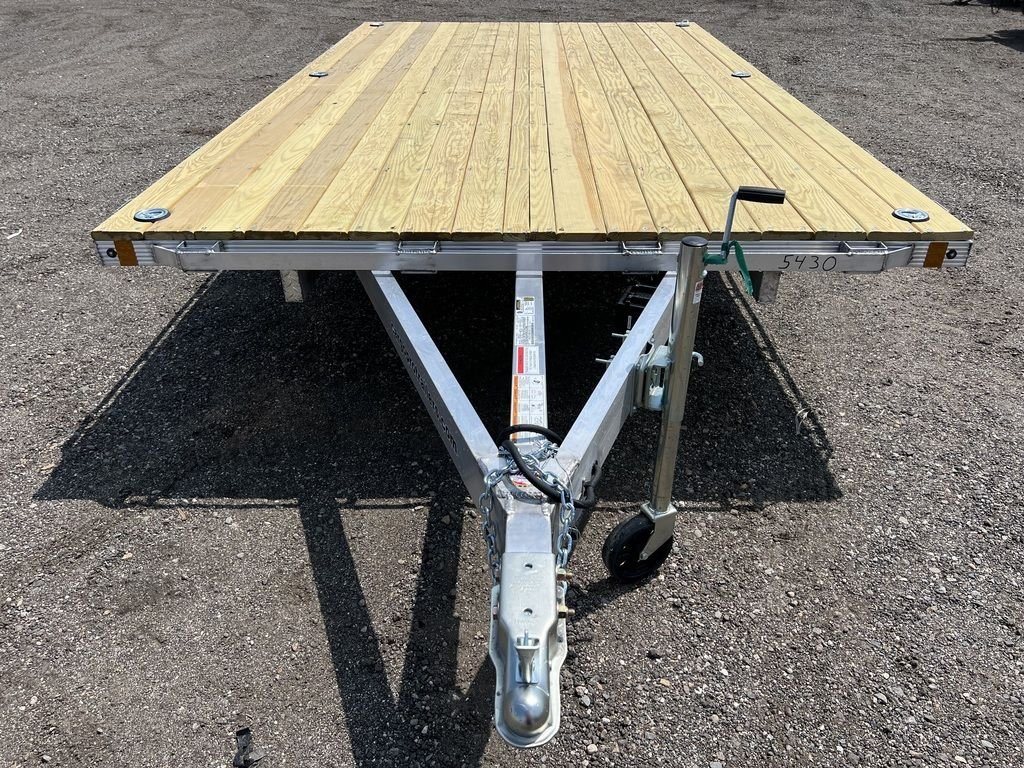 2024 Cargo Pro 101 in Deckover Trailer – Aluminum – Straight-on front view of the trailer focusing on the tongue and wooden deck
