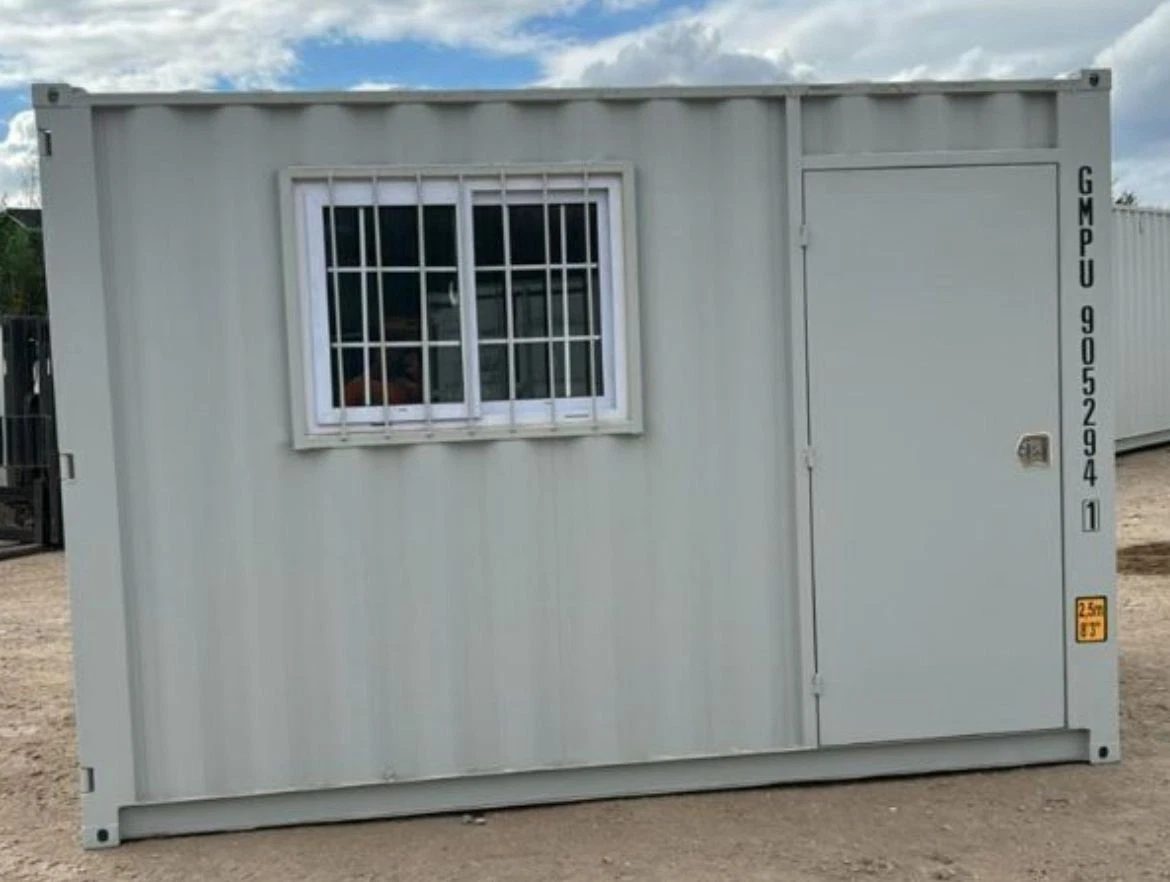 9ft Container Office – Side Entry and Barred Window – container office exterior with barred window and closed side door