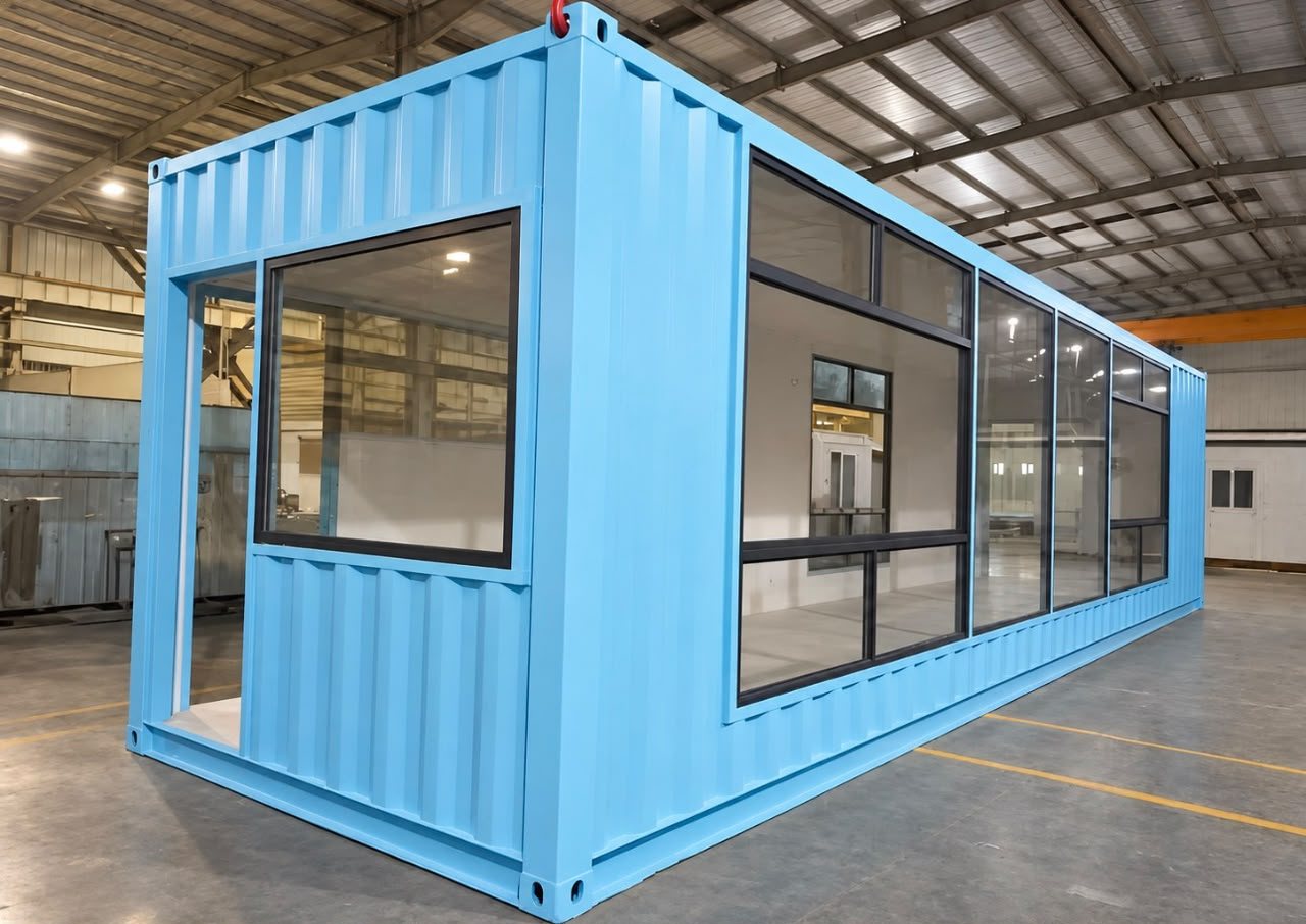 40ft Glazed Open-Plan Container – Lined Interior, Blue – 40ft Glazed Open-Plan Container — Front Three-Quarter Exterior View