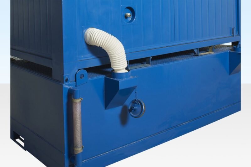 Double Mains Toilet Waste Tank – Blue Steel – Close-up of a white flexible pipe connecting the unit to the tank