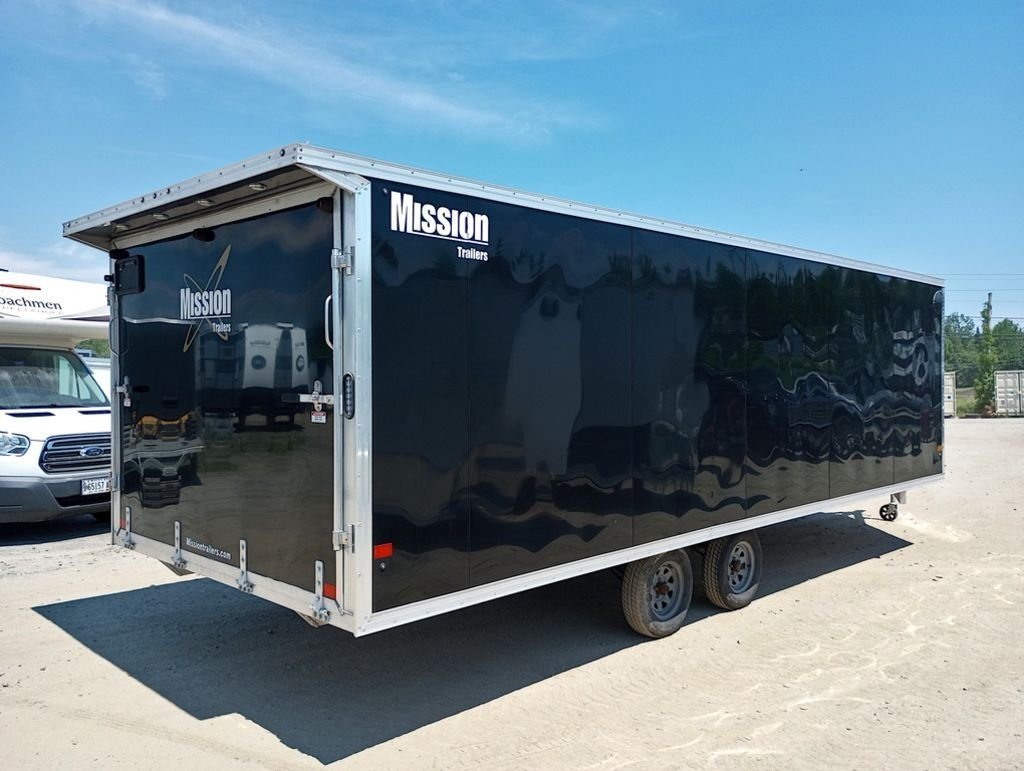 Mission Trailers 22 ft Snowmobile Trailer – 4-Place – Rear three-quarter view showing the black finish and aluminum trim at an angle