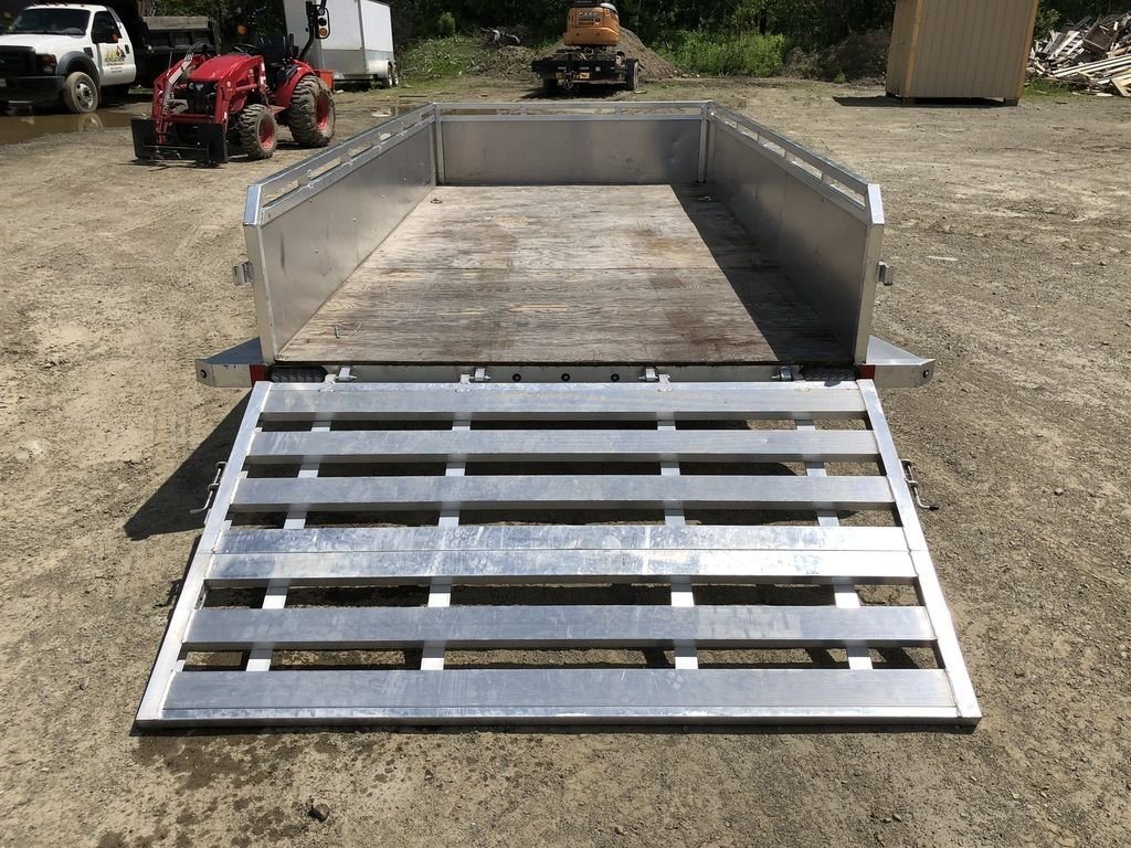 2022 Mission 6 × 12 ft Utility Trailer – Rear Ramp – Straight-on rear view of the lowered aluminum ramp and wooden trailer bed