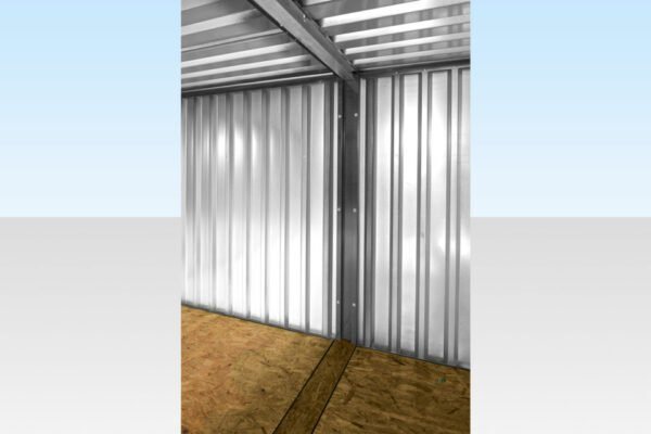 3 m (9.8 ft) Flat-Pack Storage Bundle – Green Powder Coat – Close-up of the internal linking seam and support beam between two container units