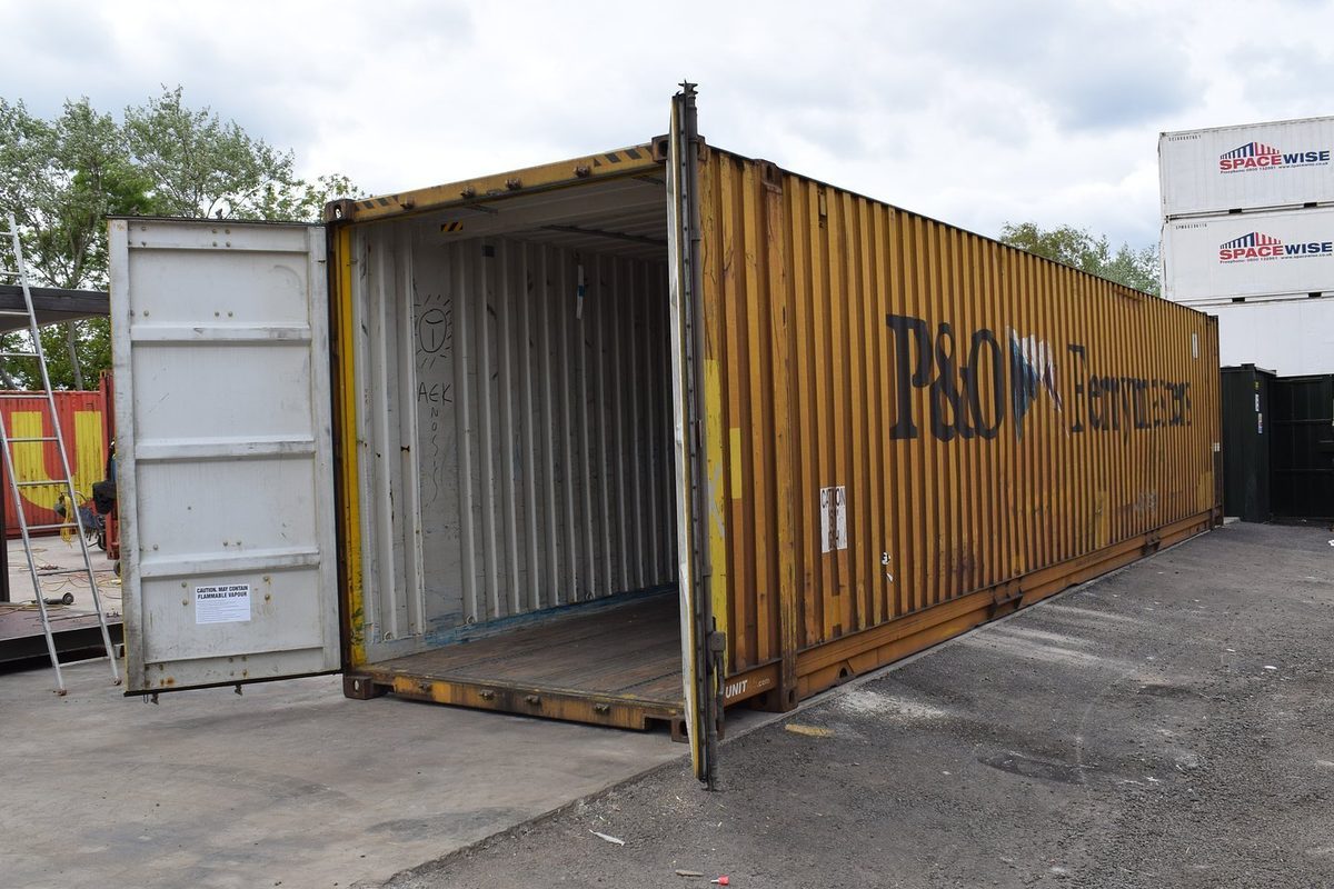 45ft High Cube Pallet Wide Container – Used, Cargo Worthy – three-quarter exterior view of weathered container with cargo doors open