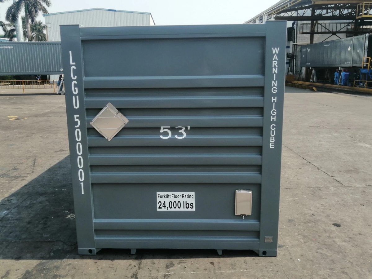 53ft High Cube Shipping Container – One-Trip, Rear Double Doors – straight-on exterior end wall of a high cube container
