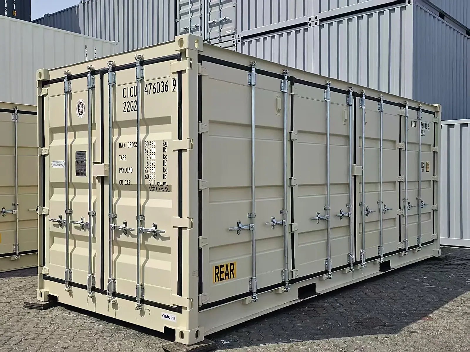 20ft One-Trip Shipping Container – Full-Length Side Access – three-quarter exterior view with end and side doors closed