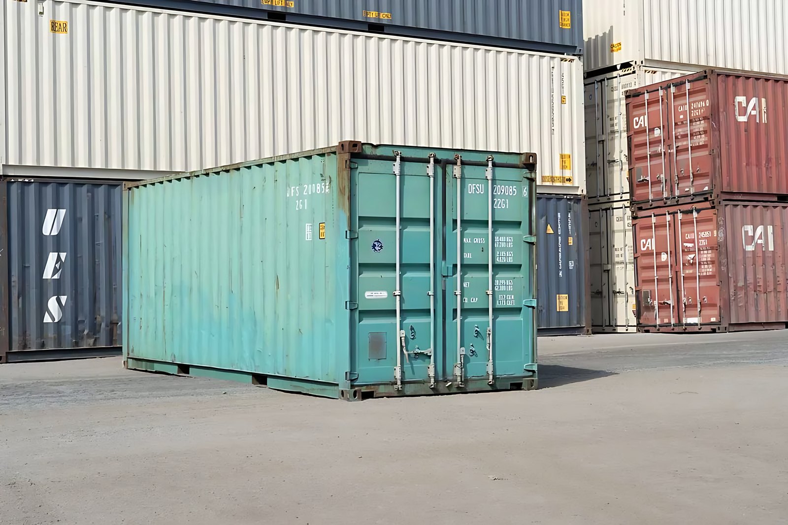 20ft Used Shipping Container – Storage-Class, Standard Height – Weathered green shipping container with closed doors standing before stacked containers in a yard