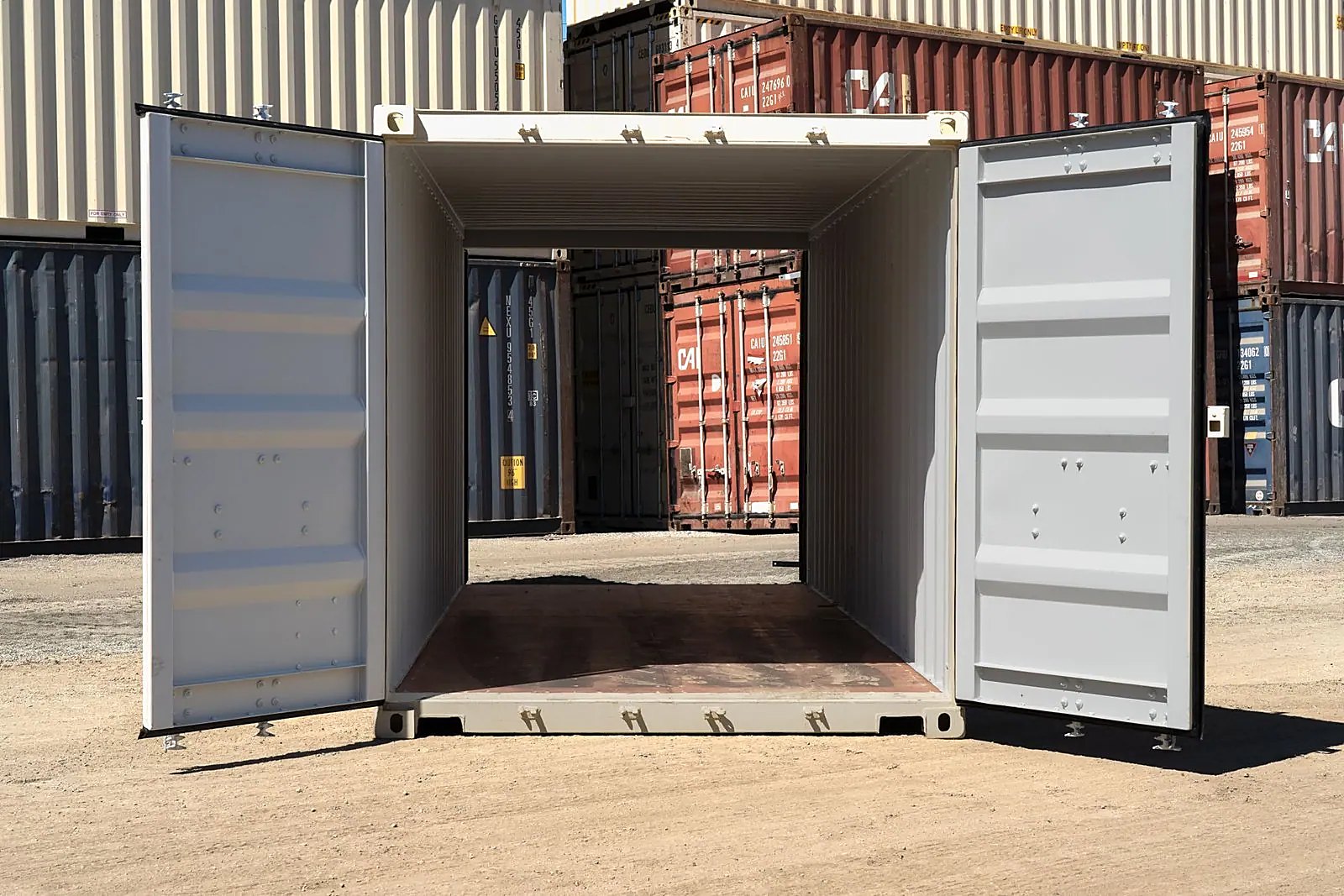 20ft Used Shipping Container – Double Doors at Both Ends – open cargo doors looking through empty container with both ends open