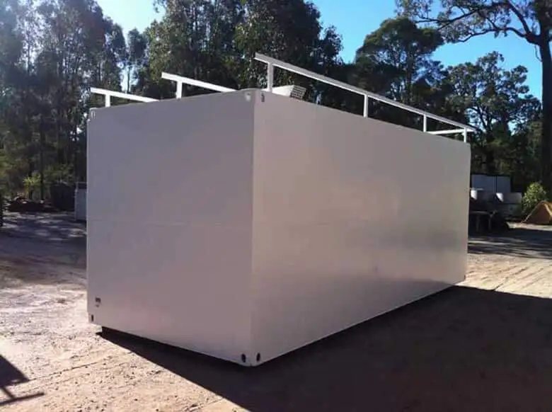 Explosive Storage Magazine – White, Insulated – Rear three-quarter view of the white storage unit showing the roof frame