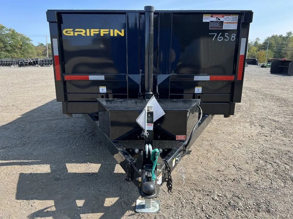 2024 Griffin Trailers 16 ft Dump Trailer – Telescopic – A direct front view of the dump trailer and its bulkhead
