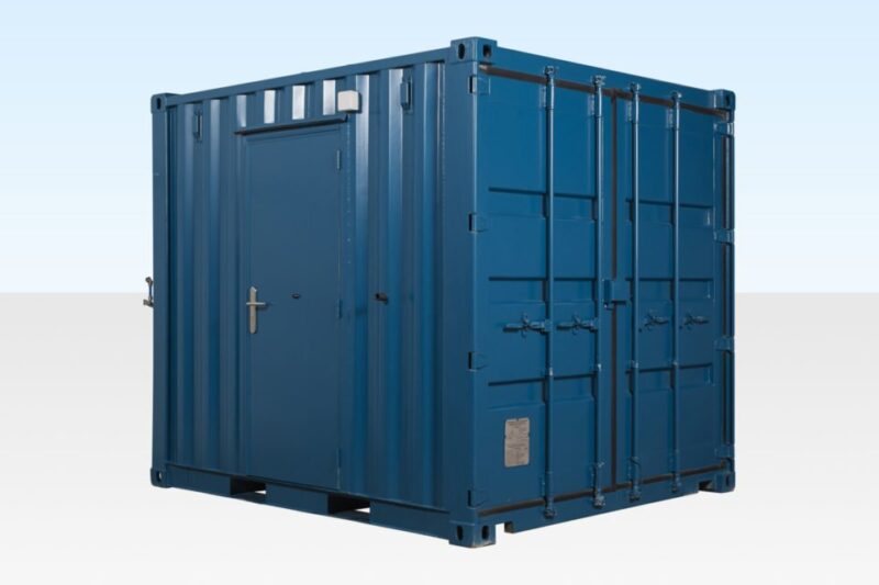 10 ft Single Turnstile Unit – Blue – Exterior three-quarter view of blue security container with all doors closed