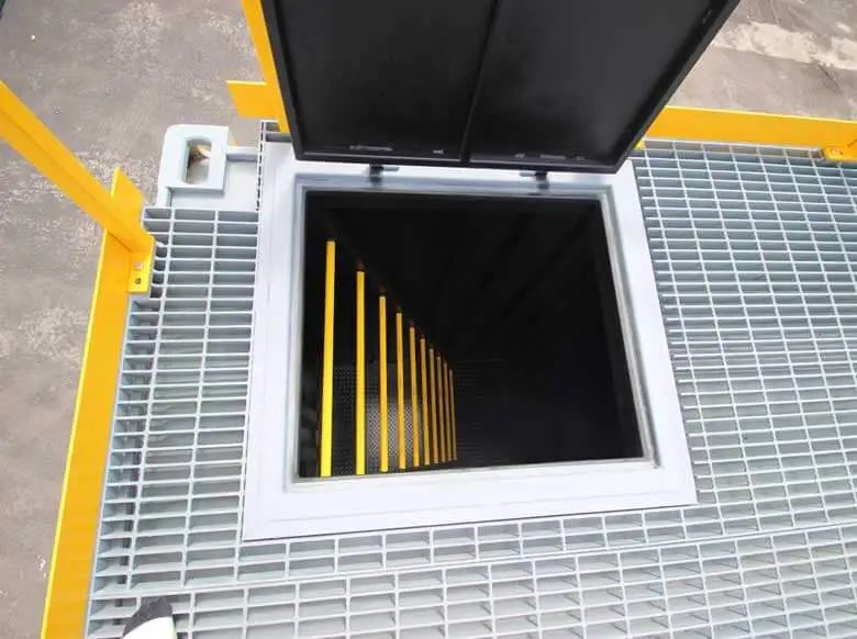 Trade Show Display Container – Lockable Steel Booth – Close up of the open roof hatch with internal ladder visible below