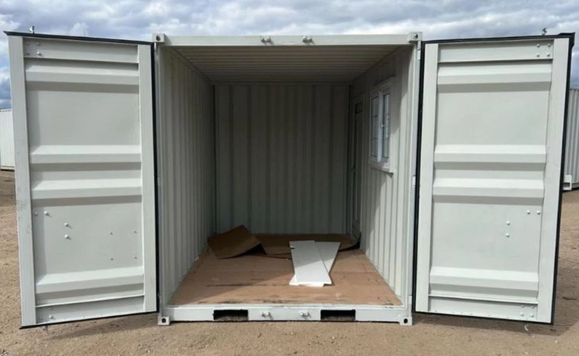9ft Container Office – Side Entry and Barred Window – open cargo doors revealing empty interior with side window