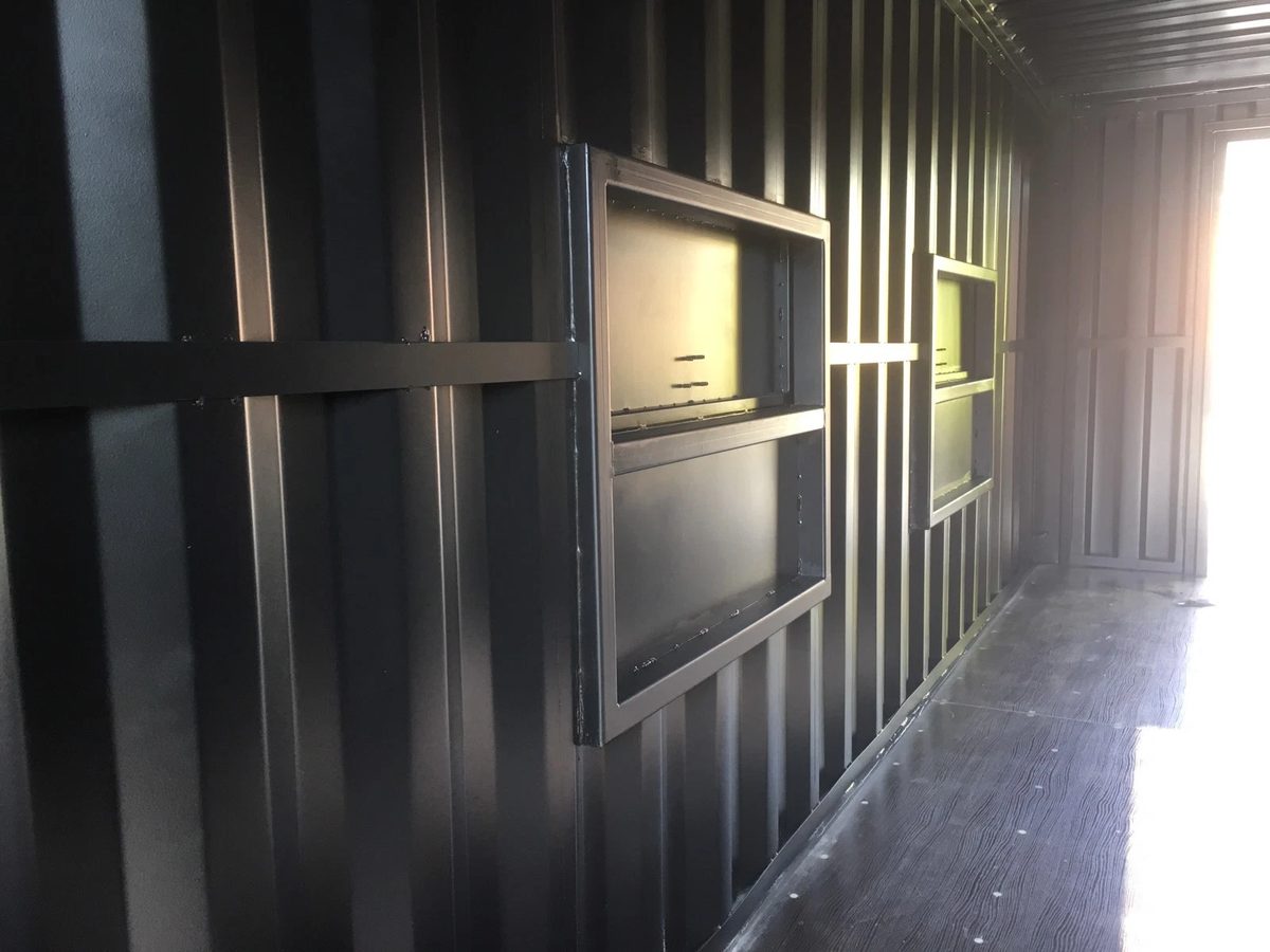 20ft Converted Shipping Container – Serving Hatches and Roof Deck – empty container interior with closed serving hatches and open doorway