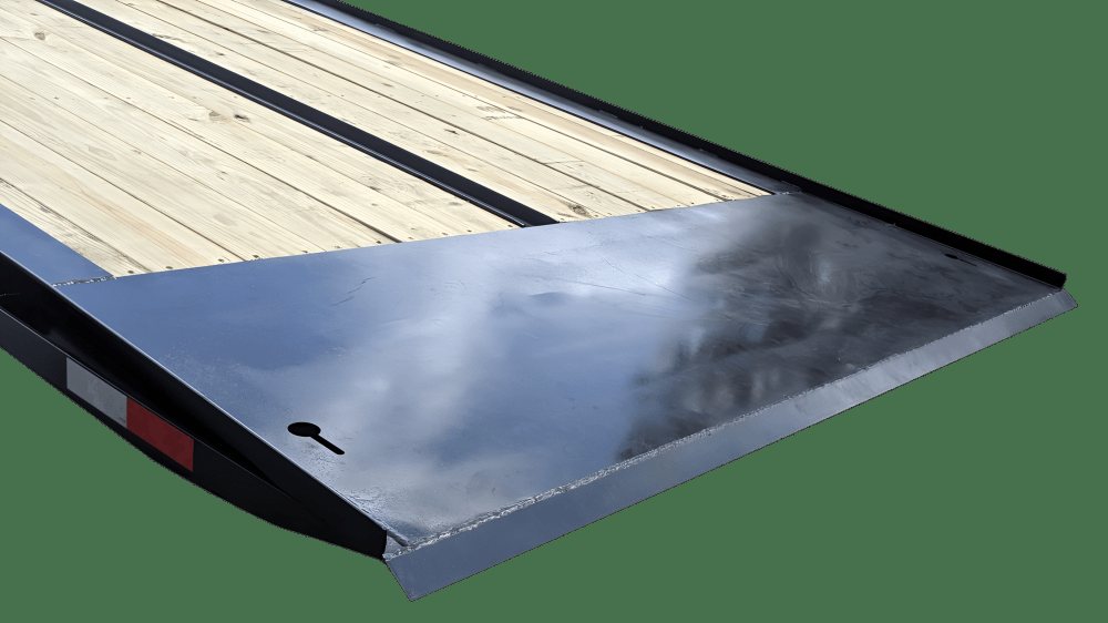 40 ft Tilt Bed Trailer – Twin-Cylinder Hydraulics – Close up of the wood plank flooring and rear metal loading edge