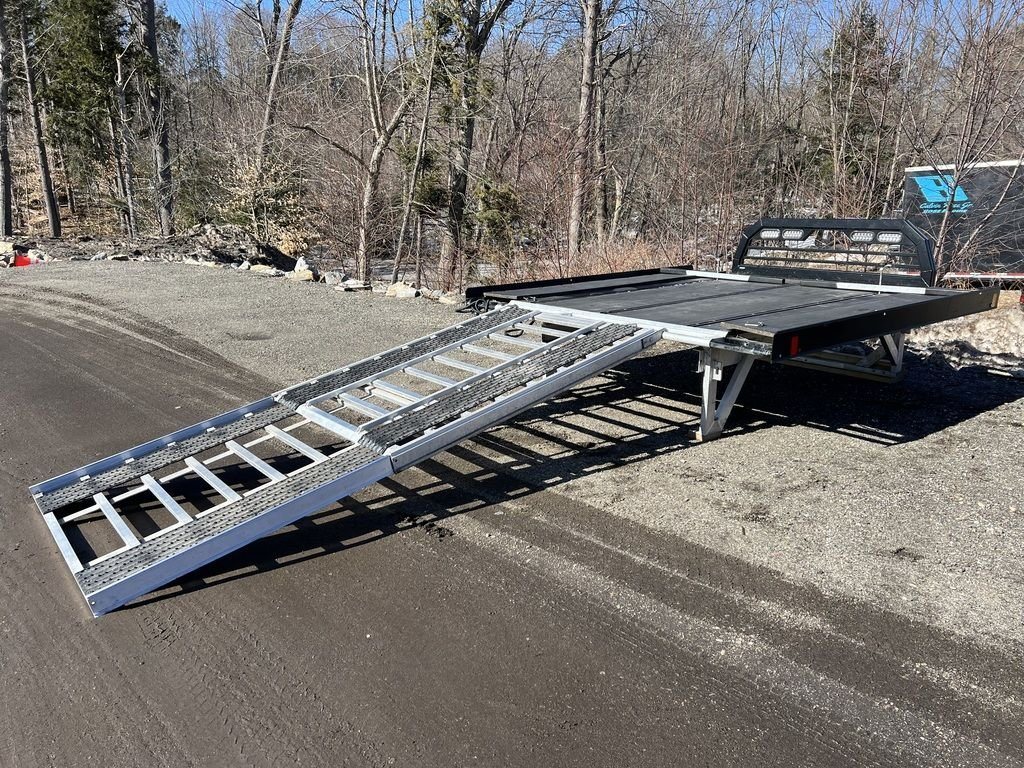2023 Sno Pro 8 ft Sled Deck – Sliding Sides – Side profile of the sled deck with the aluminum ramp extended