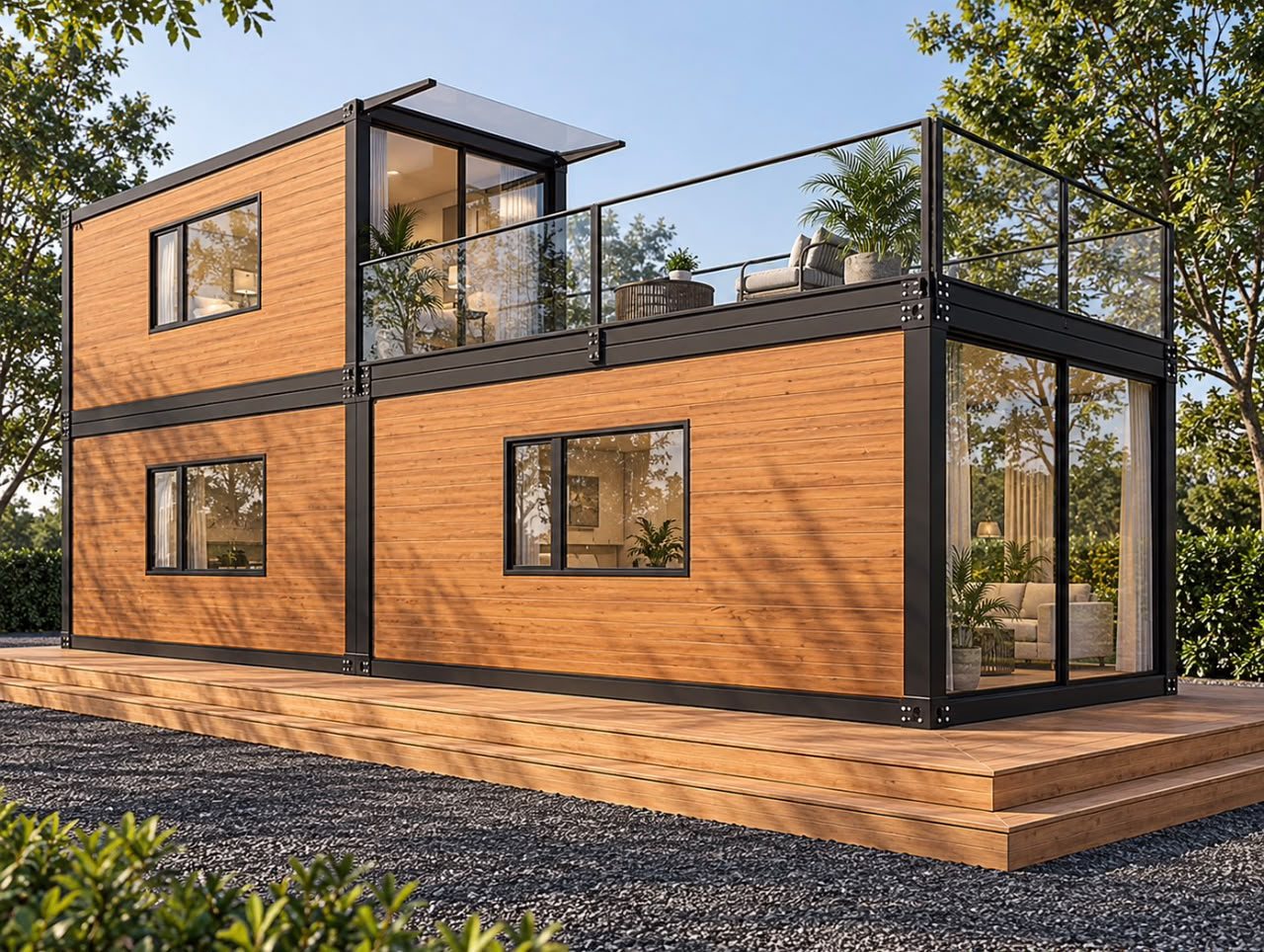 Two-Story Container Home – 1 Bedroom, 2 Baths, Rooftop Deck – Front three-quarter exterior view showing glazed living-room doors and rooftop terrace