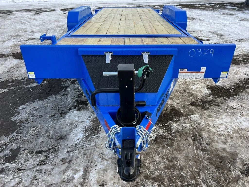 2024 Rice Trailers 20 ft Tilt Trailer – Spare Mount – Top-down view of the front tongue area showing the jack, chains, and toolbox