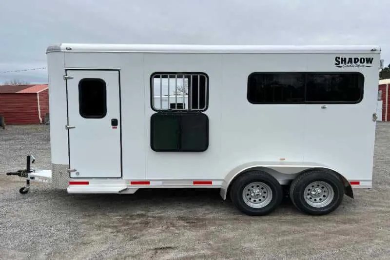 2023 Shadow 2HSSR 2 Horse Trailer – Extended Box – Full profile of white trailer showing dressing room door and windows