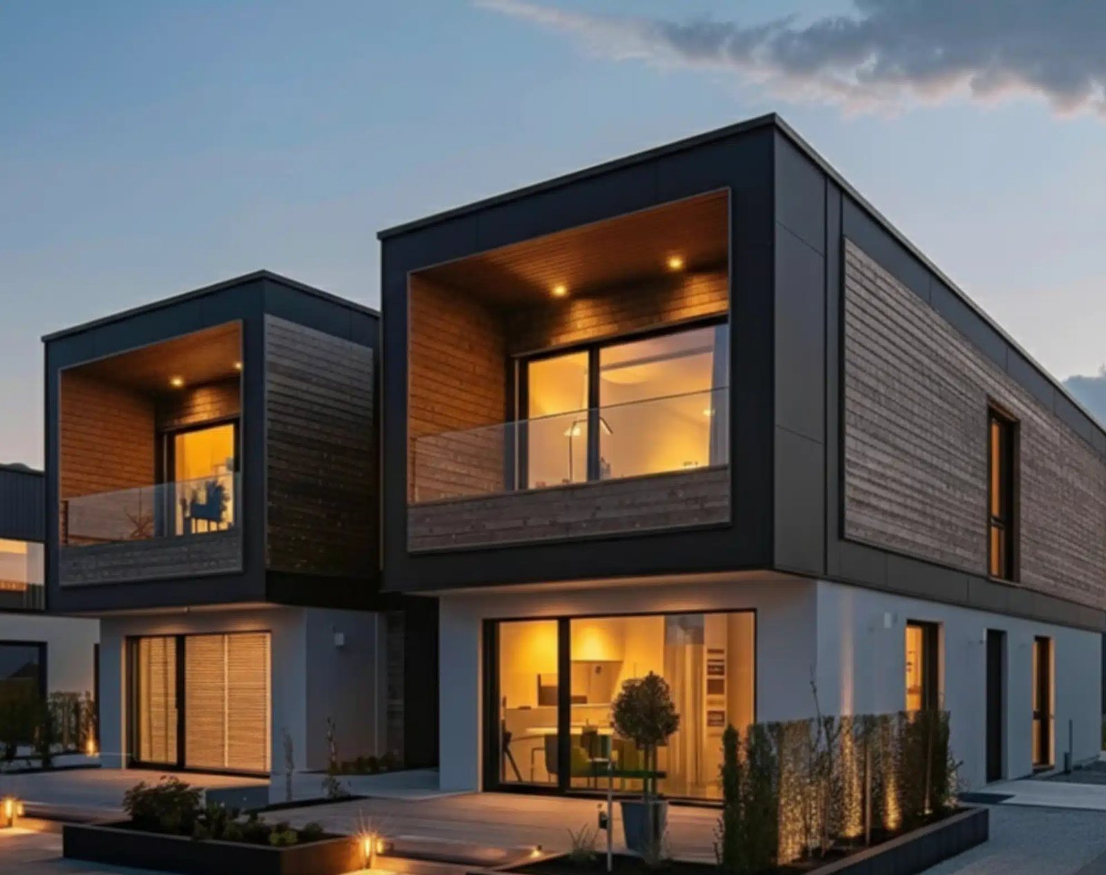 Four-Module Container Home – 3 Bedrooms, 2 Stories – Front three-quarter view showing the two-story modular form