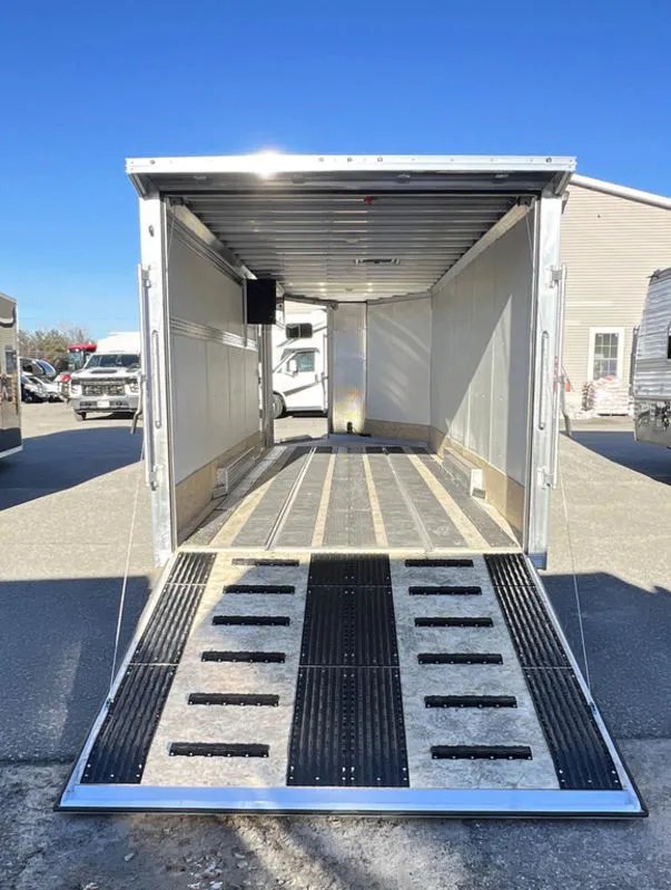 2024 Sno Pro 22 ft Snowmobile Trailer – Extra Height – View into the interior through the fully lowered rear ramp door