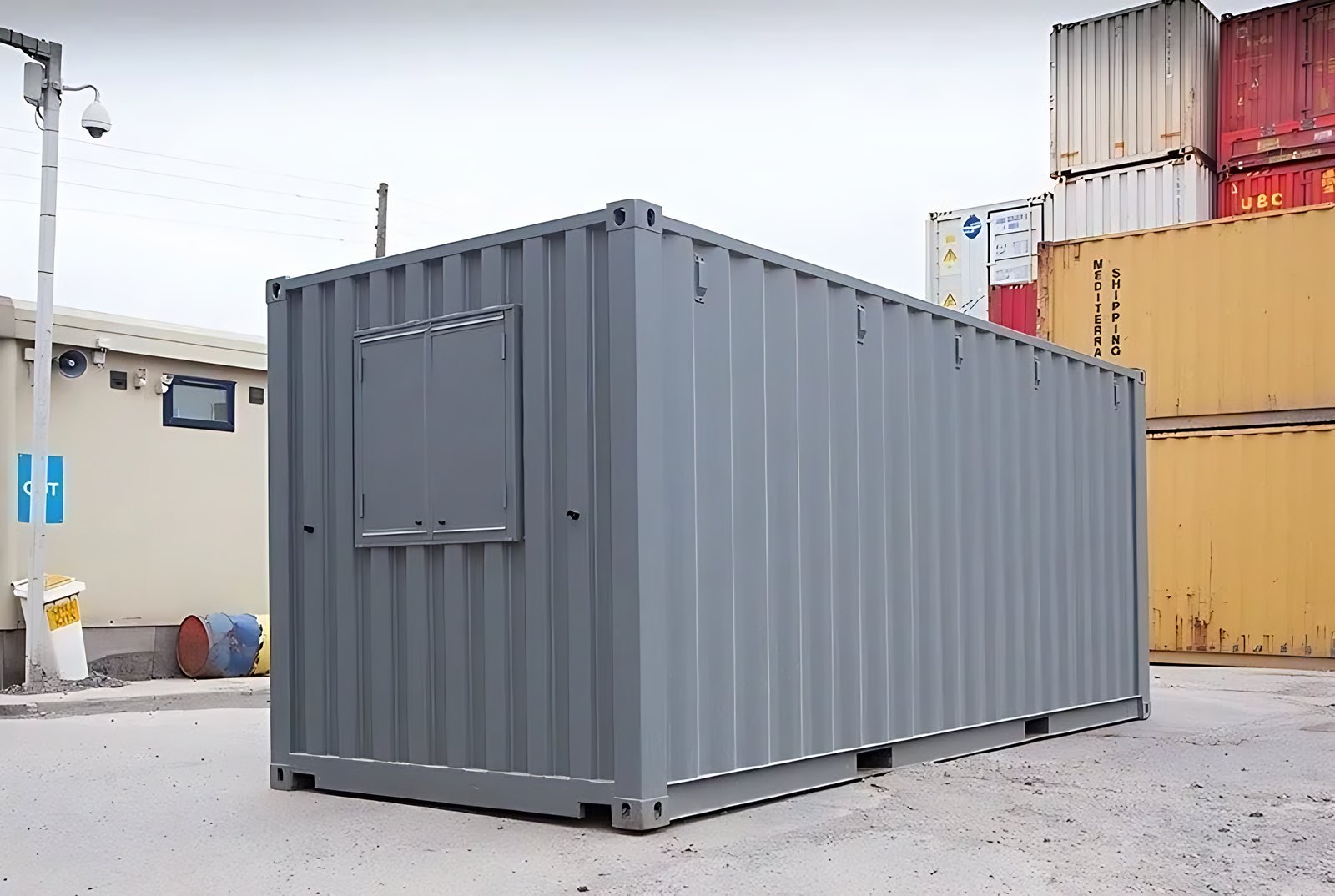 20ft Steel Office Container – Open Workspace Shell – Grey corrugated steel office container with closed window shutters in a container yard