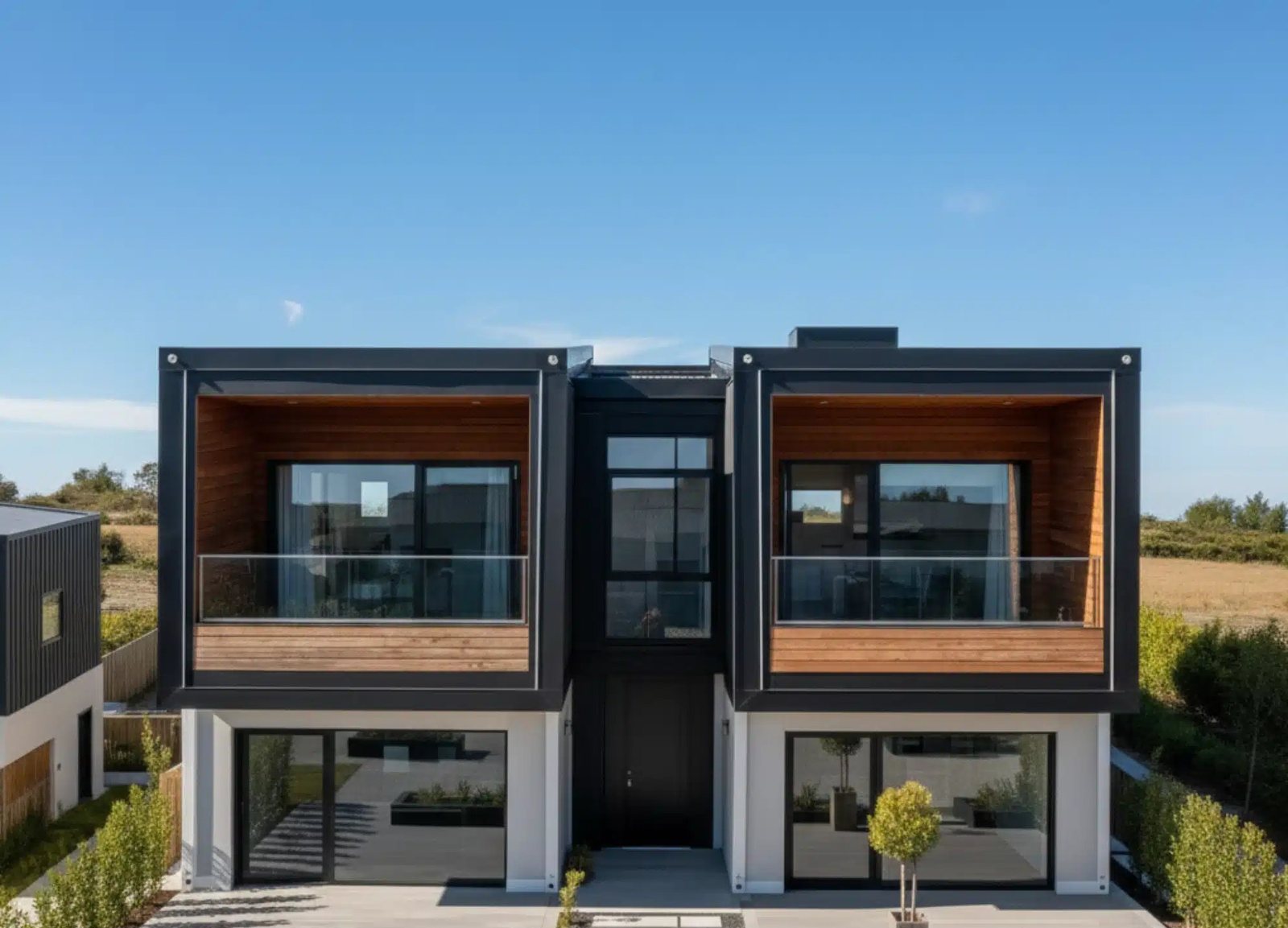 Four-Module Container Home – 3 Bedrooms, 2 Stories – Rear-side elevation showing the alternate façade and glazing