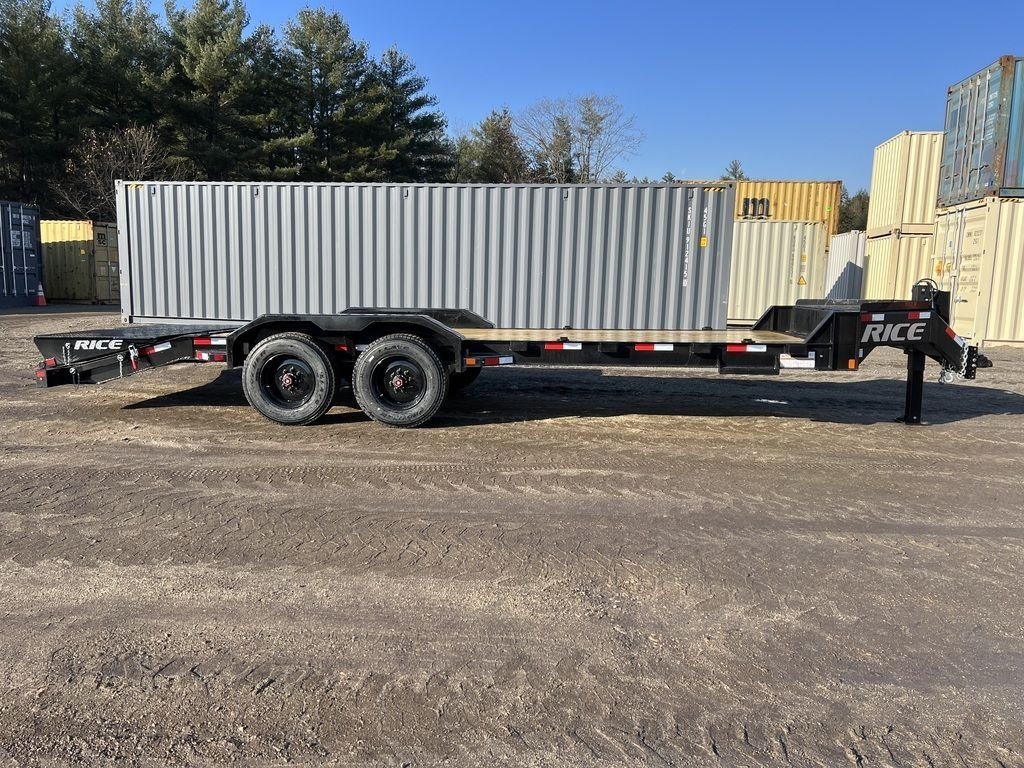 2024 Rice Trailers 18 ft Equipment Trailer – Hydraulic Jack – Direct profile view of the flatbed trailer showing the wood deck