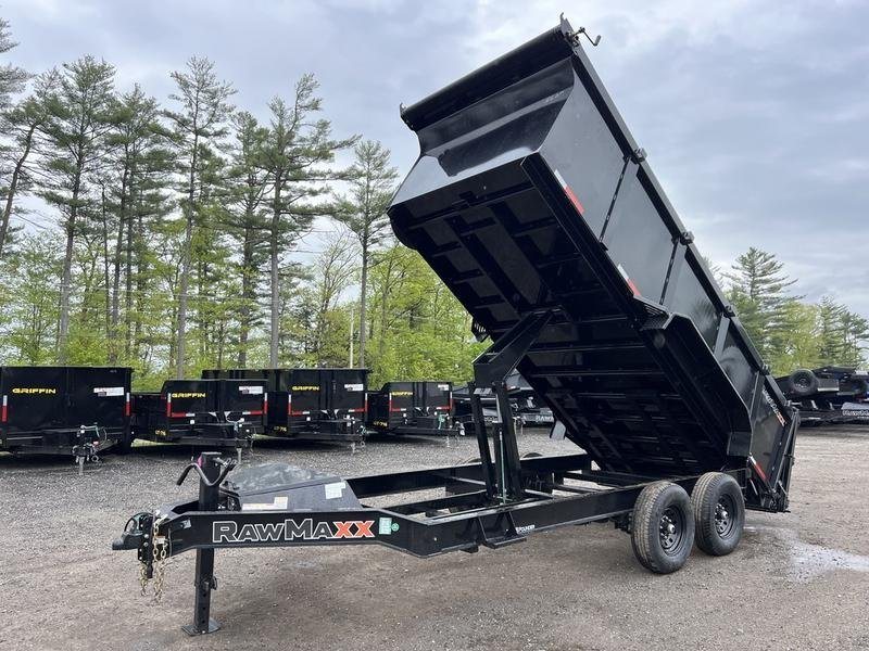 2024 RawMaxx 16 ft Dump Trailer – Tarp Kit – Front three-quarter view with the dump bed raised high