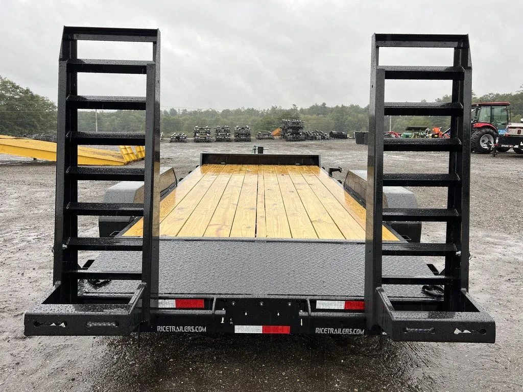 2024 Rice Trailers 16 ft Equipment Trailer – Toolbox – Direct rear view of the trailer with metal ramps in the upright position