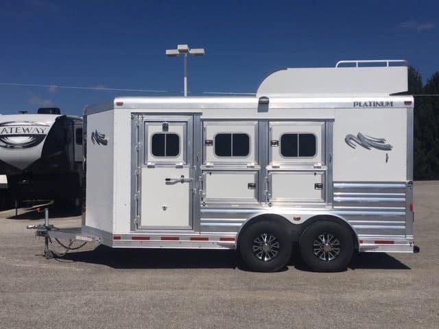 2018 Platinum Coach 3 Horse Bumper Pull – Rear Tack – Full street side profile showing the triple horse area window configuration