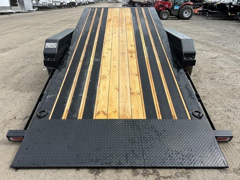 2024 Diamond C 24 ft Tilt Trailer – Spare Mount – Rear view of the tilted equipment trailer deck showing the diamond plate ramp