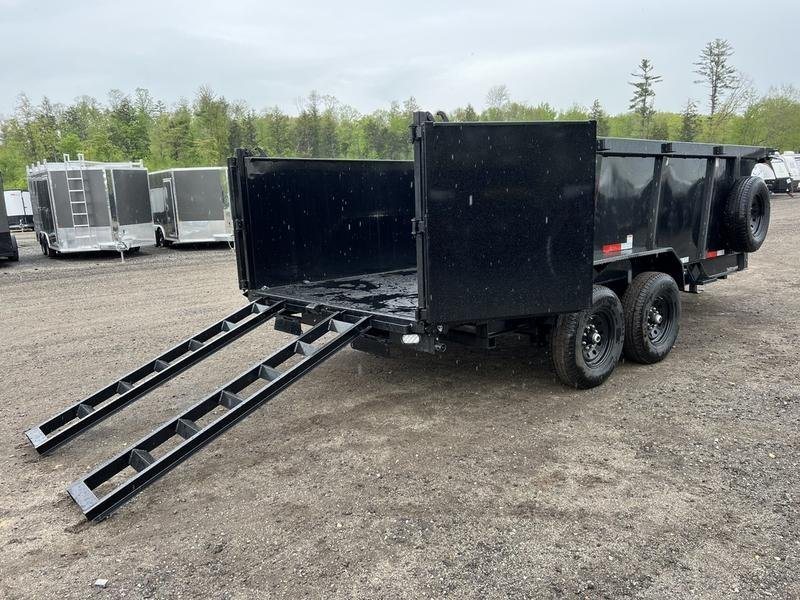 2024 RawMaxx 16 ft Dump Trailer – Tarp Kit – Rear view with gates open and ramps extended for loading