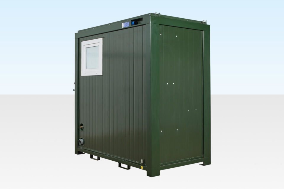 Mains Toilet/Shower Cabin – Green Galvanized Steel – Exterior three-quarter view of a dark green portable toilet and shower unit with window