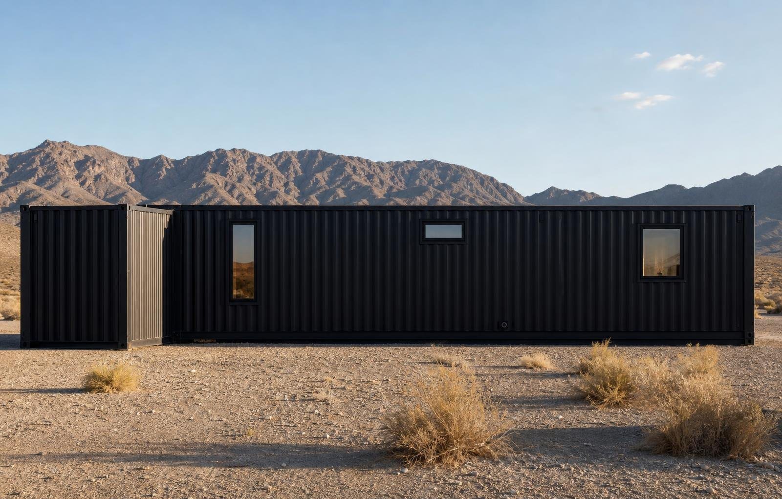10-Module Container Home – The Ultimate, 3-Bedroom Courtyard – A serene bedroom within a 40ft container module featuring minimalist design, natural wood flooring, and a private workspace