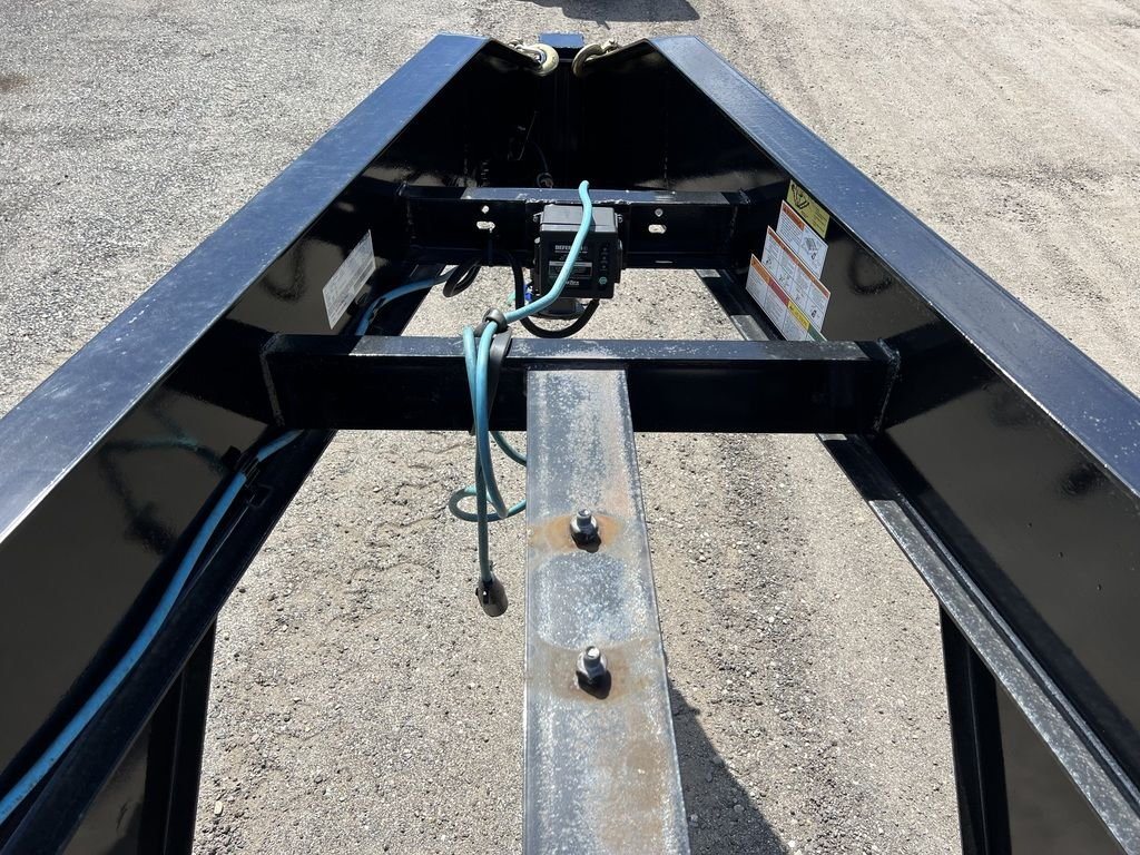2023 Big Tex 40 ft Equipment Trailer – Slide-Out Ramps – Top-down view of the gooseneck neck structure showing wiring and safety components